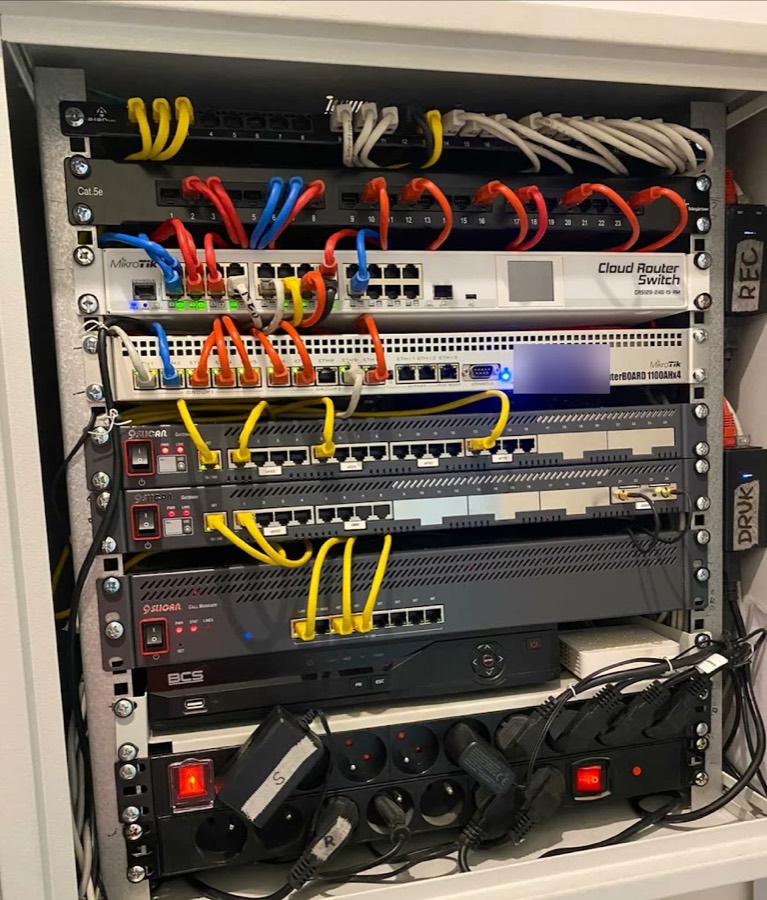 Uporządkowana szafa rack z rejestratorem i siecią po montażu monitoringu